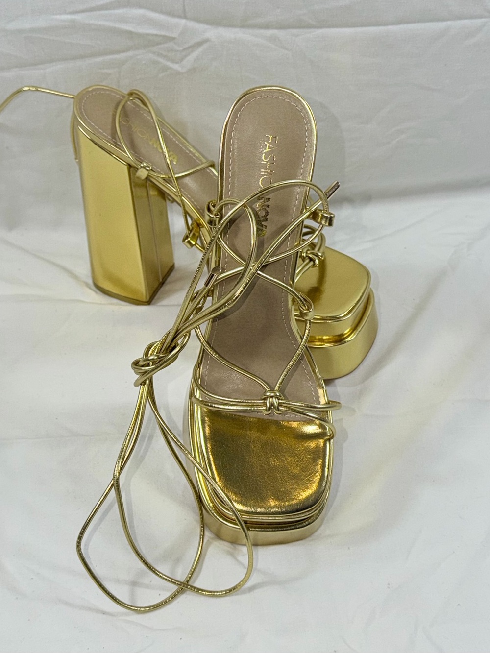 Fashion Nova Gold Platform Heels That's So Groovy Lace Up Strappy Sandals 8.5
